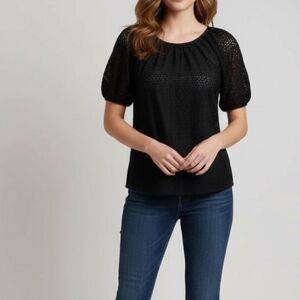 🖤 J.Crew Eyelet Bubble Sleeve Top • Size 8 • Black Organic Reimagined Cotton ✨